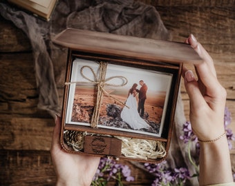 4x6 Wooden Box for Wedding Memories in Vintage Style, Engraved Box for Photo, Rustic Wood Print Box with USB Drive (option)