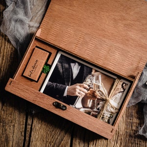 5 x 7 trouwfotodoos met USB-stick, gepersonaliseerde houten fotodoos voor afdrukken 13 x 18 cm, foto-opbergdoos voor bruiloftsklanten