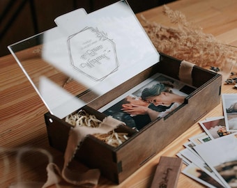 Wedding Photo Box for 5x7 Prints, Wooden USB Box with Personalized Acrylic Lid
