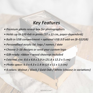 Infographic: key features, size and optional USB 3.0 upgrade for personalized wooden 4x6 photo box.
