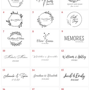 May include: A grid of 18 different wedding logo designs. Each design features a unique combination of floral elements, text, and dates. The designs are numbered 1 through 18.