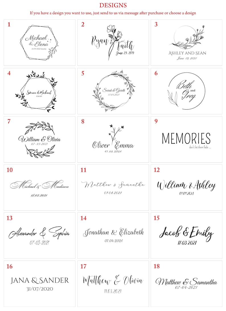 May include: A grid of 18 different wedding logo designs. Each design features a unique combination of floral elements, text, and dates. The designs are numbered 1 through 18.