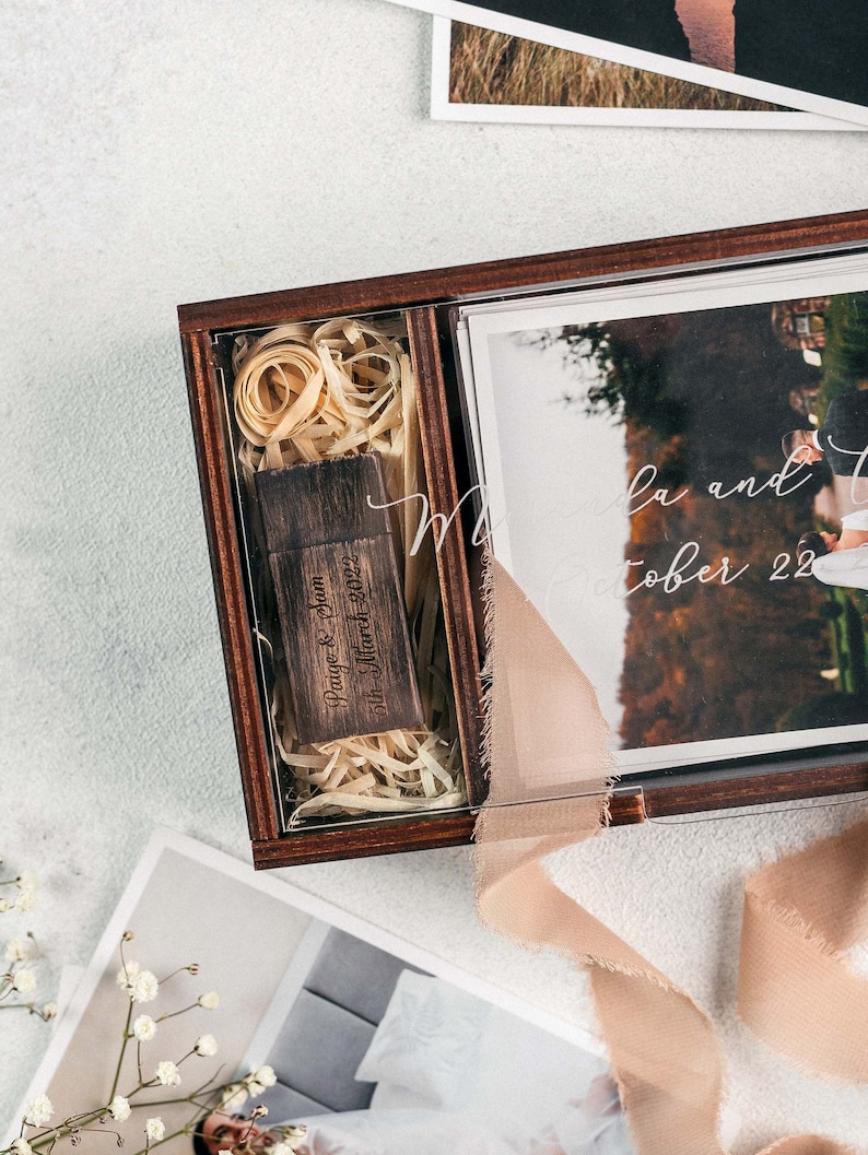 Wooden Box with Acrylic Lid for Photo 5x7 inch and USB flash drive option, Wedding Photo Presentation Box 13x18 cm photo packaging image 7