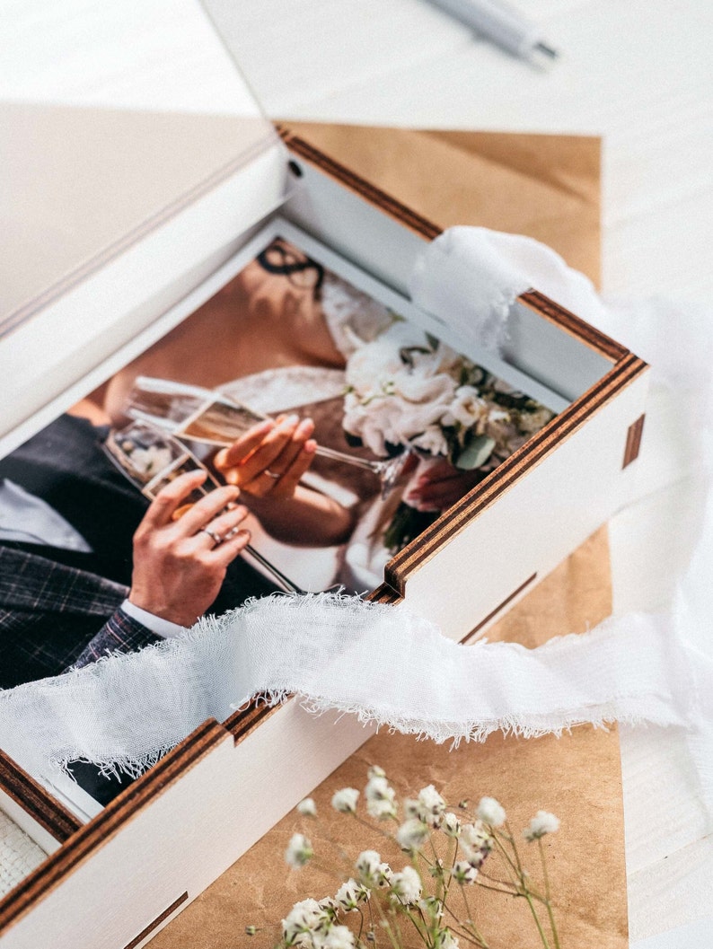 Wooden Box with Acrylic Lid for Photo 5x7 inch and USB flash drive option, Wedding Photo Presentation Box 13x18 cm photo packaging image 9