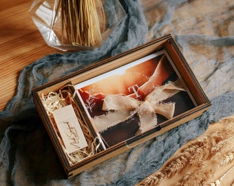 Wooden Photo Box with Acrylic Lid for Photo 4x6 and USB Flash Drive (option), in Memory Gift Box Keepsake Memory Box Boudoir Photo Packaging