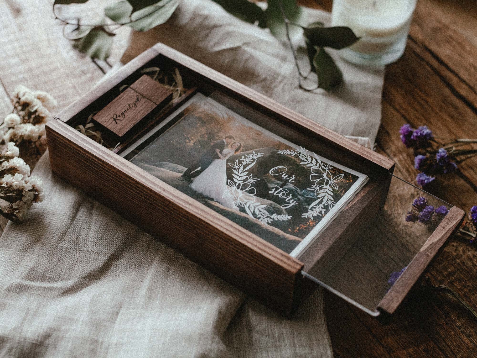 Glass Photo Box 4x6, Oak Wood Packaging, Wooden Flash Drive, Boho, Home  Decor 