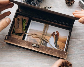 6x8 Photo Box for Wedding Prints with USB Flash Drive 3.0, Wooden Photo Box for Photographers, 15x21 cm Photo Packaging, Family Memory Box