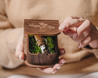 Wooden USB Box with Optional Glass Jar USB 3.0, Engraved Gift for Him or Wedding Couple