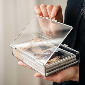 Boîte photo en verre avec cadre argenté pour tirages de mariage 4 x 6, cadeau personnalisé pour les mariés et les photographes