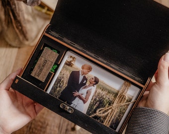 Personalized Wood Print Box with USB Drive for 5x7" Photo - Personalized Wedding Gift for Couple