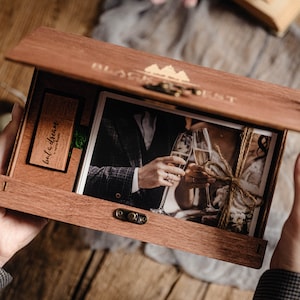 Fotodoos voor 4x6 prints met USB-flashdrive 3.0, Houten fotodoos met gepersonaliseerd deksel, Bruiloft fotopresentatiedoos