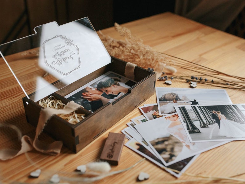 Wooden Box with Acrylic Lid for Photo 5x7 inch and USB flash drive option, Wedding Photo Presentation Box 13x18 cm photo packaging Walnut