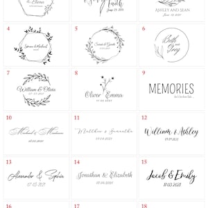 May include: A grid of 18 different wedding logo designs. Each design features a unique combination of floral elements, text, and dates. The designs are numbered 1 through 18.
