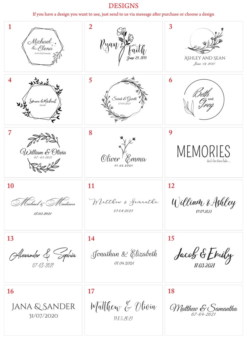 May include: A grid of 18 different wedding logo designs. Each design features a unique combination of floral elements, text, and dates. The designs are numbered 1 through 18.