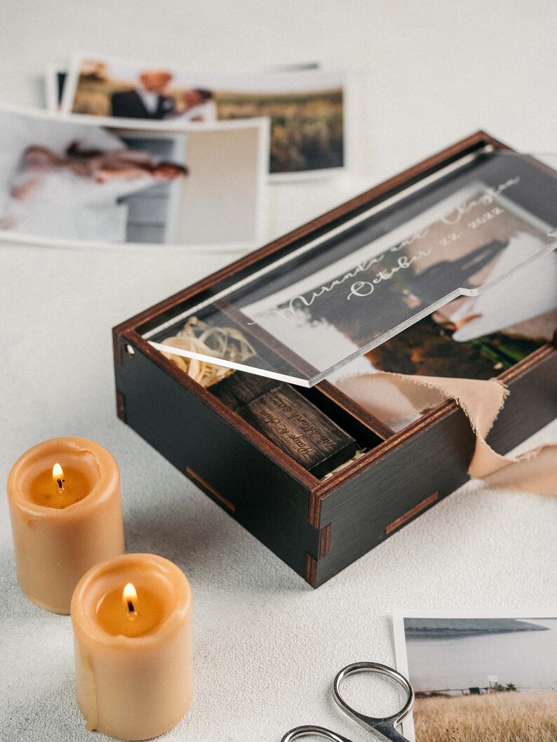 Wooden Box with Acrylic Lid for Photo 5x7 inch and USB flash drive option, Wedding Photo Presentation Box 13x18 cm photo packaging Black