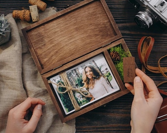 4x6 memory wooden photo box for photo 10x15 cm, wedding usb and photo packaging, personalised box, engraved USB box
