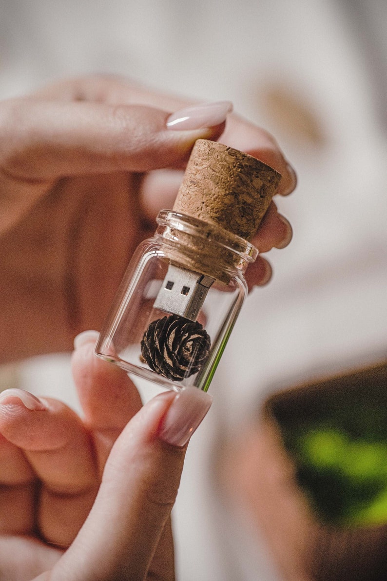 Glass Bottle USB Flash Drive and Pine Cone, Wedding USB for Photographers, Jar Thumb Pendrive, Cork USB 3.0 Stick 64 GB