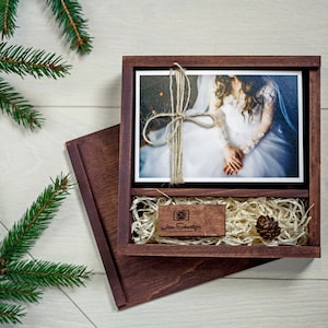 Wooden box for 4x6 photo with USB 3.0 flash drive, personalised wedding gift box for brides, custom memory box for 15x10 cm print image 5