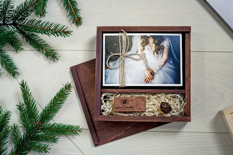 Wooden box for 4x6 photo with USB 3.0 flash drive, personalised wedding gift box for brides, custom memory box for 15x10 cm print image 5