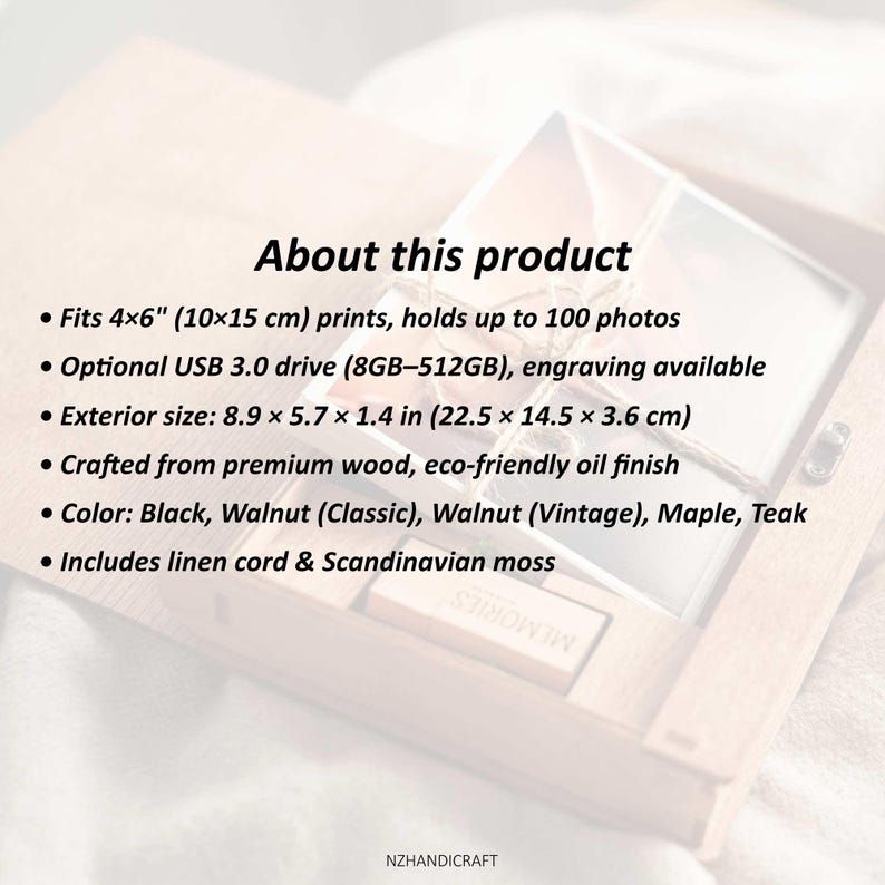 4x6 Wooden Photo Box and USB Flash Drive 3.0 Wedding Photo Box for 10x15 cm Prints, Personalized Gift for Couple, Memory Box for Photo image 10