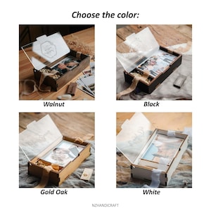 Color options chart: Walnut, Black, Gold Oak and White wooden photo box with acrylic lid.