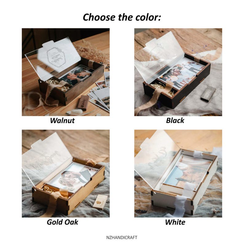 Color options chart: Walnut, Black, Gold Oak and White wooden photo box with acrylic lid.
