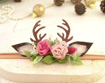Deer headband Kids One size Child headband with deer antlers Toddler hair accessories Christmas Photo shot Party hair Piece Xmas