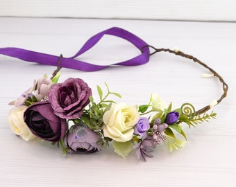 Flower crown for women plum Purple wedding floral crown Flower hair piece for woman Floral headpiece boho Flower head wreath bridal girls