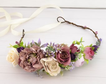 Flower crown boho - flower headband wedding - flower head wreath for women - dusty purple wedding