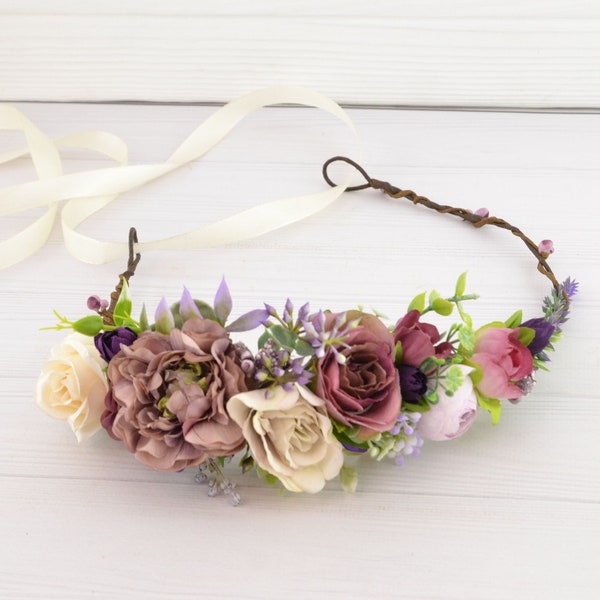 Flower crown boho flower headband wedding flower head wreath for women dusty purple wedding hair piece with flowers Head wreath adult brides