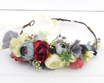 Flower headband for kids Floral hair piece for women Flower crown gray ivory red Flower headpiece adult Wedding hair accessories bridal