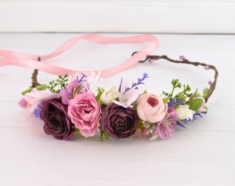 Flower crown plum pink Flower headband for woman Floral hairband for girls Flower headpiece purple peony Flower head wreath