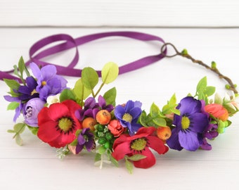 Flower crown flower girl flower headpiece for kids flower headband girls anemon flower hair piece bright hairpiece pink purple flower crown