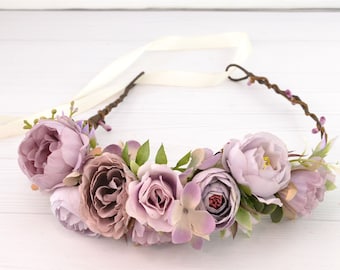 Dusty Purple Peony Flower Crown Wedding Floral Headband for Bride Peony Flower Halo Bridal Flower Head Piece for Women