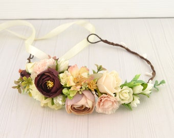 Fall flower hair piece Floral headpiece for women Flowers for hair bridal wedding flower crown for women girl kids Beige Ivory floral crown