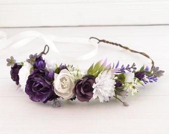 Flower crown plum Flower headband purple Flower hairpiece white Wedding headpiece floral Bridal hair crown with flowers Flower girl headband