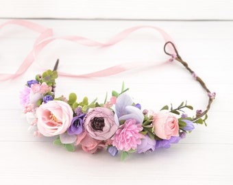 Flower crown women, flower headband wedding, bridal headpiece with flowers, purple pink floral crown for girls hair accessories blush violet