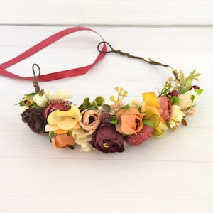 Flower crown bridesmaid - flower headband wedding - floral hair piece fall - burgundy rust