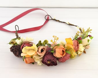 Flower crown bridesmaid flower headband wedding floral hair piece fall burgundy rust Flower head wreath for women Boho halo for girls Brides