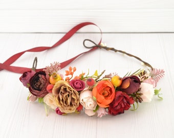Rustic flower crown for women Burgundy florla halo Fall wedding headpiece with fake flowers Beige Orange Marsala Maroon