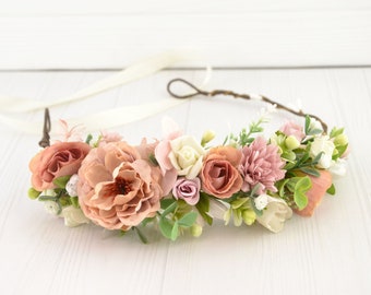 Bridal flower headband - flower hair accessories - flower hair wreath - dusty rose ivory