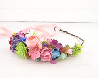 Tropical wedding head piece Beach wedding flower crown Colorful floral hair piece Flower Girl floral crown Succulent hair piece for women