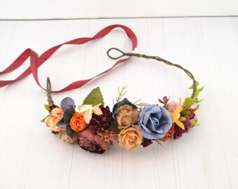 Flower crown fall wedding - flower hair piece bridal - flower headband fall colors - burgundy mustard blue orange