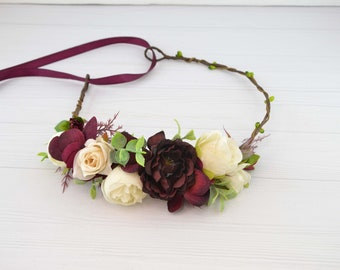 Flower crown burgundy ivory floral crown for woman Wedding flower hairpiece