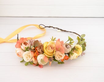 Orange flower crown for hair Bridal floral crown adult Rust flower headpiece bride Boho hair wreath Fall Wedding floral hair accessories