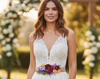 Bridal flower belt dusty rose Wedding belt for dress Flower belt baby shower Maternity belt rainbow Flower sash for women pink blue purple