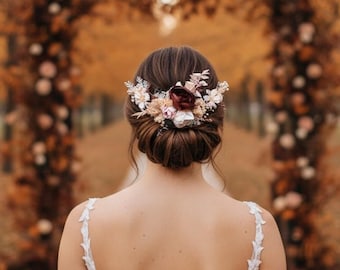 Rustic hair vine Coffee Beige Boho flower accessories Bridal headpiece with flowers Peony floral hair piece for Bride Fall wedding