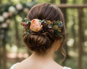 Flower hair comb wedding flower headpiece for women fall wedding hair piece peony Beige flower head piece Forest wedding hair comb Bridal