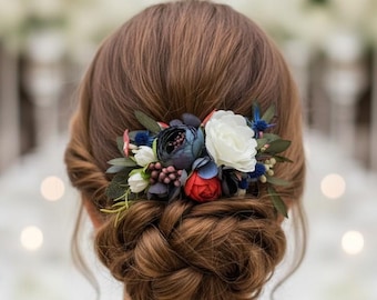 Wedding headpiece Navy White Flower headpiece bridal Flower hair accessories Bride Headpiece with Flowers Blue Red READY to ship