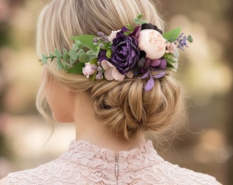Wedding Flower Hair Comb Purple Blush Floral Headpiece Pink Plum Bridal Hair Piece Floral Hair Accessories